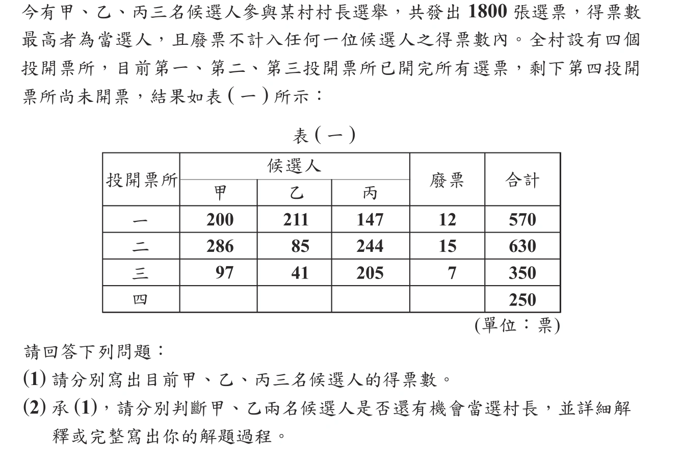106年會考數學非選第1題