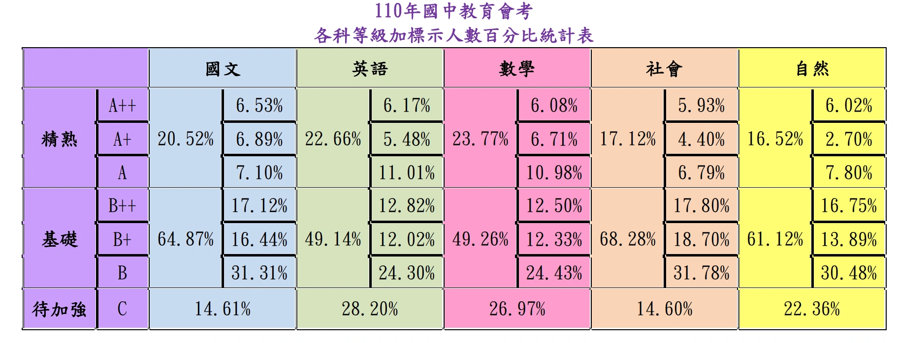 110各科等級加標示人數百分比統計表